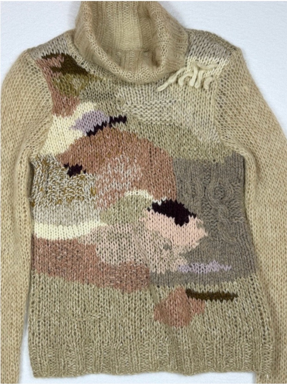 Anthropologie Cream Patchwork Turtleneck Sweater with Pink & Brown Accents